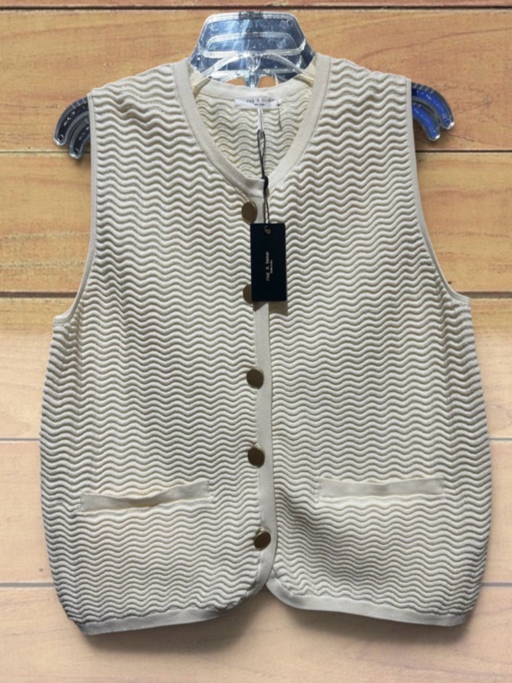 rag & bone Cream Wavy Knit Button-Front Vest - Size L